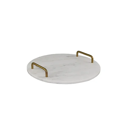 BANDEJA EM MARMORE E METAL BRANCO E DOURADO 30CM