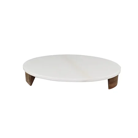 BANDEJA EM MADEIRA E MARMORE BRANCO 20CM