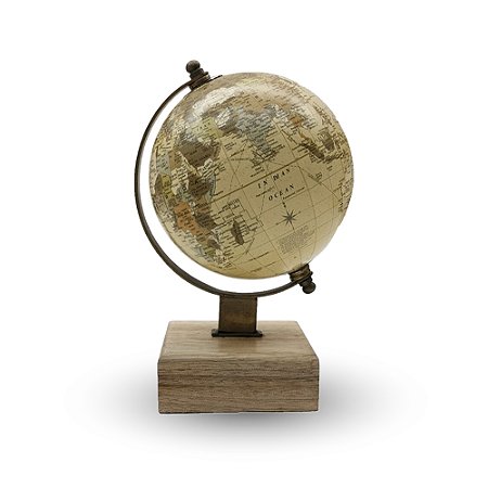 GLOBO TERRESTRE DECORATIVO METAL E MADEIRA MARROM/BEGE 19cm