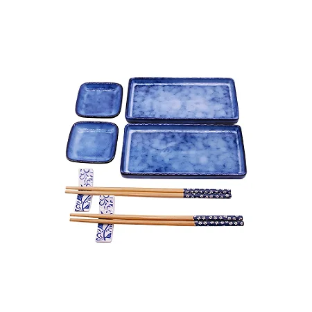 KIT COMIDA JAPONESA P/ 2 PESSOAS BAMBOO E CERAMICA AZUL 8PCS