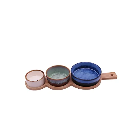 PETISQUEIRA DE BAMBOO E CERAMICA C/3 BOWLS AZUL BEGE E VERDE