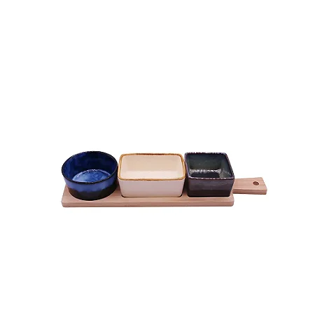 PETISQUEIRA DE BAMBOO E CERAMICA C/3 BOWLS AZUL BEGE E VERDE