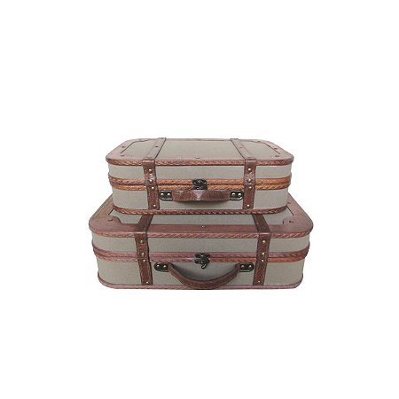CJ MALETAS DE MADEIRA DECOR COM FIVELA E TECIDO CINZA 2PCS