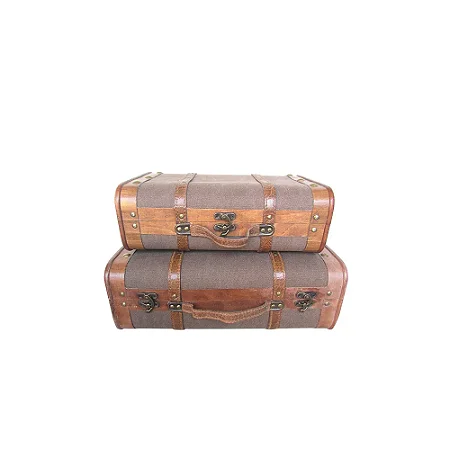 CJ DE MALETAS DE MADEIRA NATURAL E TECIDO CINZA 2PCS