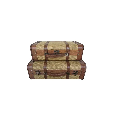CJ MALETAS COM FIVELA DE MADEIRA NATURAL E TECIDO BEGE 2PCS