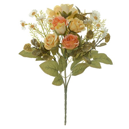 BUQUE DE ROSAS  AMARELO OUTONO PERMANENTE C/MARGARIDAS 30CM