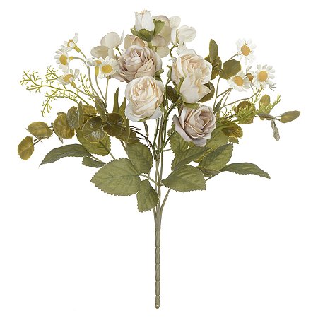 BUQUE DE ROSAS OFF WHITE OUTONO PERMANENTE C/MARGARIDAS 30CM