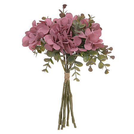 BUQUE HORTENSIA PERMANENTE C/ FITA ROSA  ANTIGO OUTONO 26CM