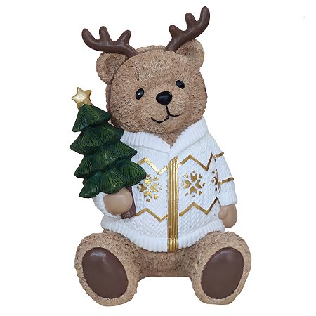 ESCULTURA URSO NATALINO EM RESINA C CASACO BRANCO 29,5CM