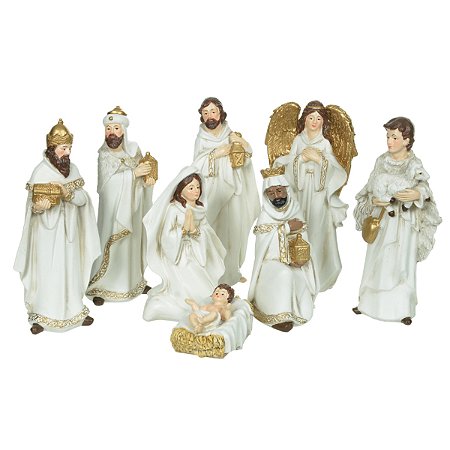 PRESEPIO NATALINO EM RESINA 8 PÇS BCO DOUR 15,5CM FLORARTE