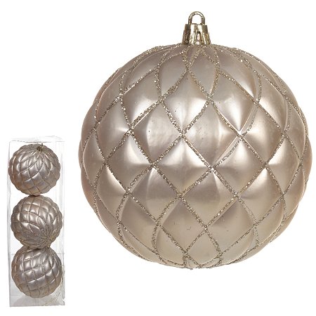 BOLA DECORADA NATAL NO PVC CHAMPANHE C/3 UND 10CM FLORARTE