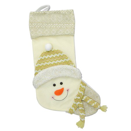MEIA NATALINA EM POLIESTER BONECO DE NEVE DOURADO E BRANCO