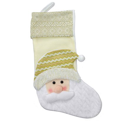 MEIA NATALINA NOEL EM POLIESTER DOURADO E BRANCO