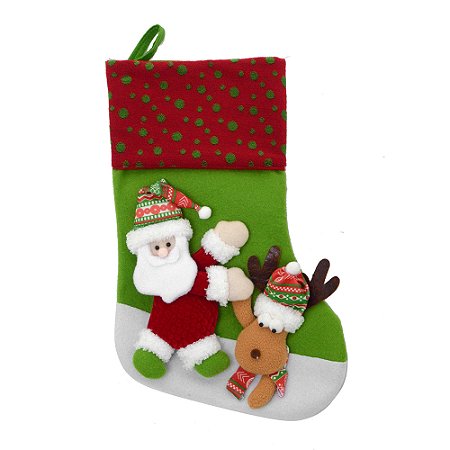 MEIA NATALINA DECOR NOEL COM RENA EM POLIESTER VERDE 42CM