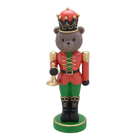 ESCULTURA URSO NATALINO DECOR EM RESINA COM CORNETA 32,5cm