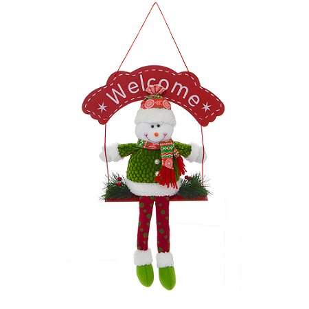 ENFEITE DE PORTA WELCOME BONECO NEVE NO BALANÇO 49CM
