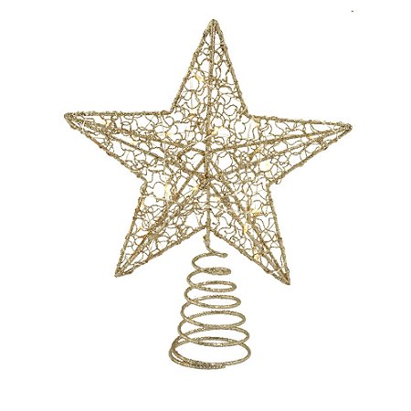 ESTRELA PONTEIRA DECORATIVA COM LED EM METAL DOURADO 24CM