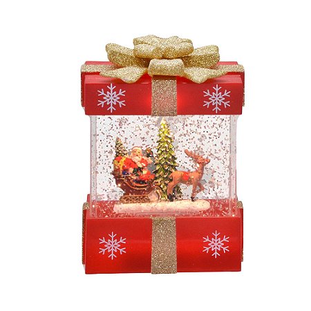 CAIXA PRESENTE NATAL COM LUZ E MOV EM AGUA NOEL COM RENA