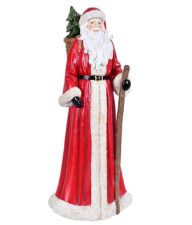 ESCULTURA DECORATIVA PAPAI NOEL COM CAJADO E ARVORE 37CM