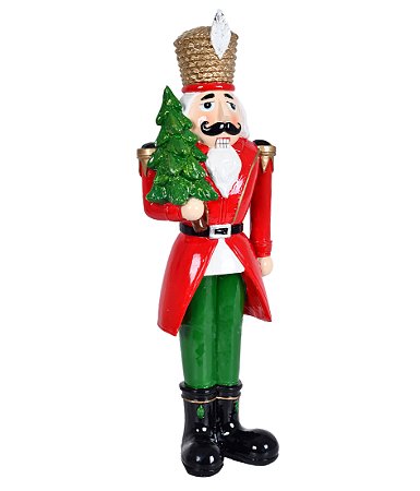 ESCULTURA QUEBRA NOZES NATAL COM ROUPA VERDE E ARVORE 26CM