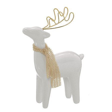 ESCULTURA RENA NATALINA EM PORCELANA BRANCO E DOURADO 17CM