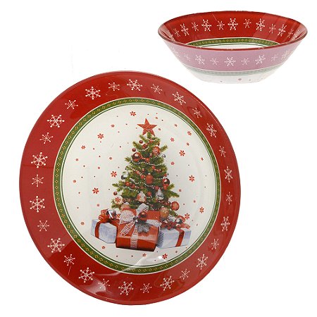 BOWL NATALINO EM VIDRO COM ARVORE DE NATAL E PRESENTES