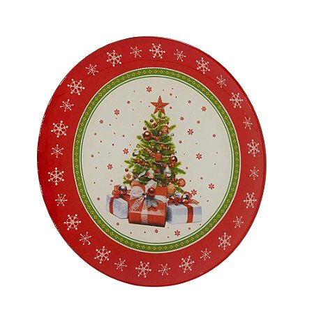 PRATO NATALINO RASO EM VIDRO COM ARVORE DE NATAL 25cm