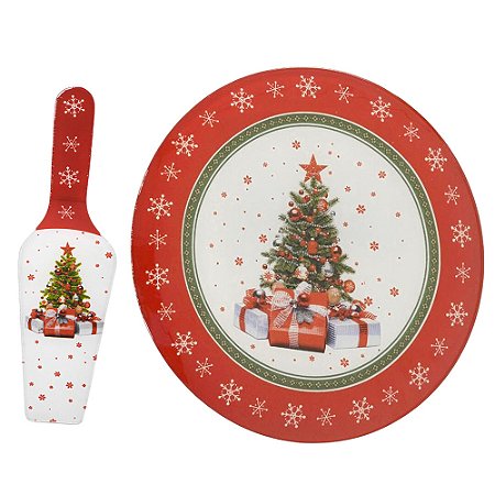 PRATO PARA BOLO EM VIDRO COM ESPATULA ARVORE DE NATAL 30cm