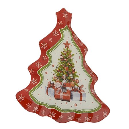 PRATO DECORATIVO ARVORE NATAL EM VIDRO COM PRESENTES