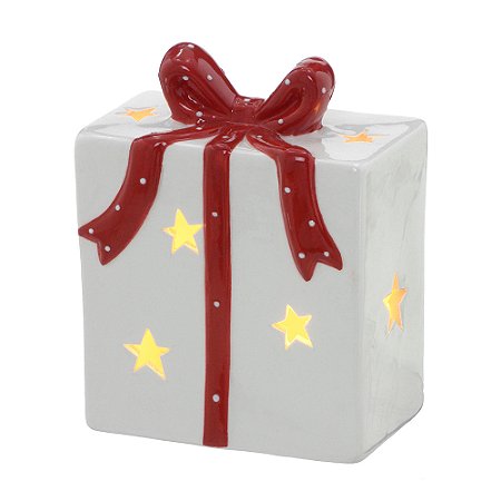CAIXA NATALINA COM LUZ EM PORCELANA BRANCO E VERMEL 12,5CM