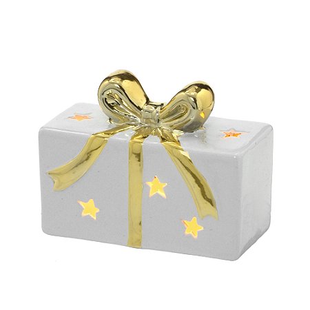 CAIXA PRESENTE NATALINA COM LUZ EM PORCELANA BR E DOUR