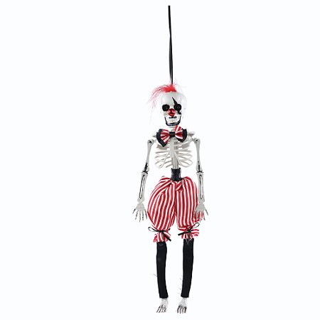 ESQUELETO PALHACO HALLOWEEN VERMELHO PRETO E BRANCO 40CM