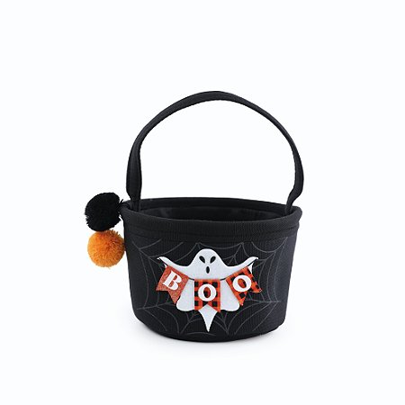 CESTINHA FANTASMINHA BOO COM FANTASMA PRETO E LARANJA 13,5CM