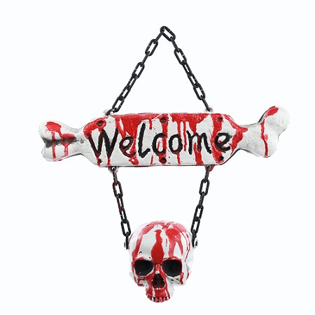 PLACA P/ PORTA WELCOME SANGRENTA HALLOWEEN COM CAVEIRA 40CM