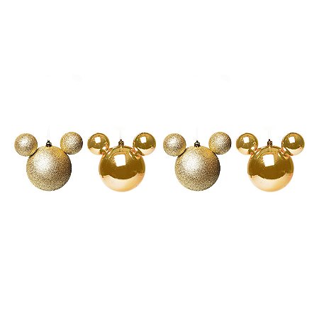 JOGO 4 BOLAS LISA E GLITTER DOURADO MICKEY DISNEY 8CM