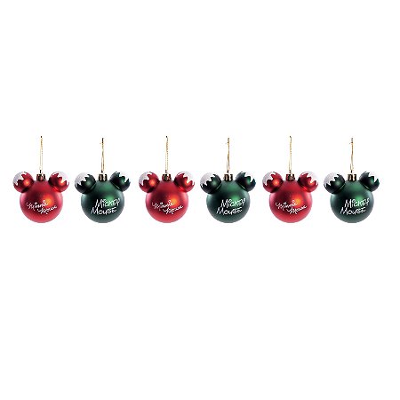 JOGO 6 BOLAS NATALINAS VRD E VRM MICKEY MINNIE DISNEY 6CM