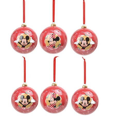 JOGO 6 BOLAS NATALINAS MICKEY E MINNIE MOUSE COM BENGALA 6CM