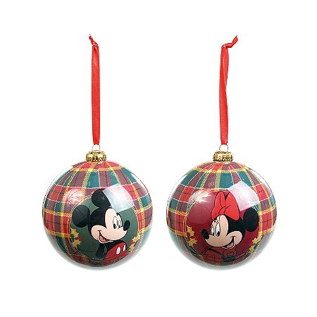 JOGO 2 BOLAS NATALINAS MICKEY E MINNIE XADREZ 10CM DISNEY