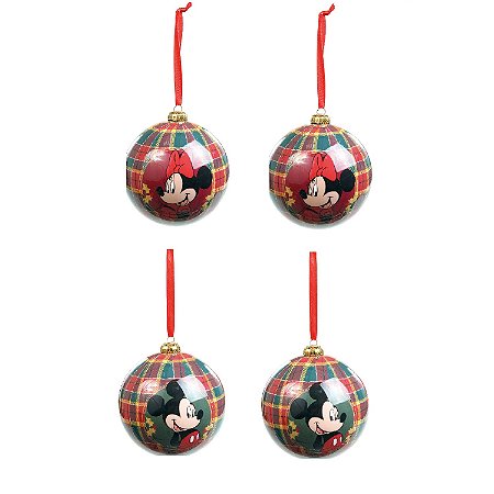 JG 4 BOLAS NATALINAS MICKEY E MINNIE MOUSE XADREZ 8CM DISNEY