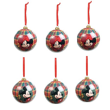JOGO 6 BOLAS NATALINAS MICKEY E MINNIE XADREZ 6CM DISNEY