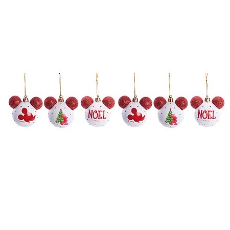 JOGO 6 BOLAS NATALINAS MICKEY GLITTER VERMELHO 6CM DISNEY