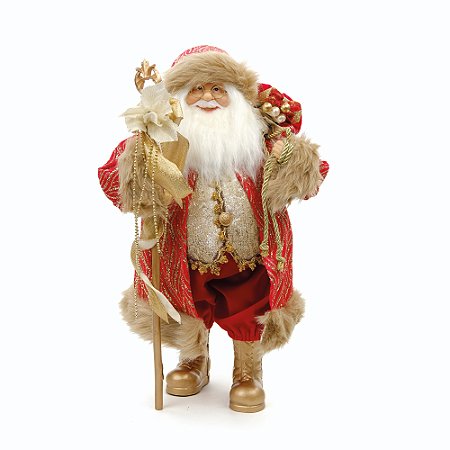 PAPAI NOEL DECOR COM CAJADO DOURADO E SACO DE PRESENTES 46CM