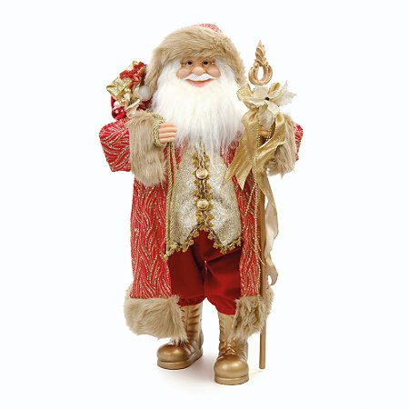 PAPAI NOEL DECOR COM CAJADO DOURADO E SACO DE PRESENTES 65CM