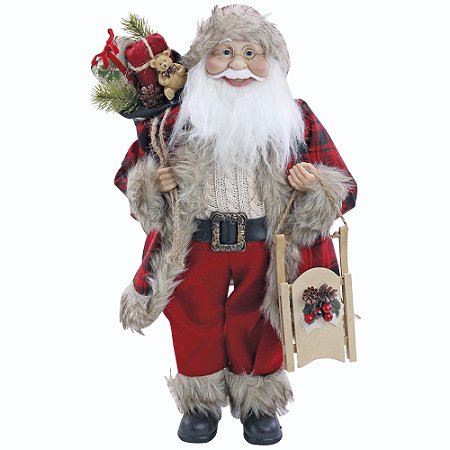 PAPAI NOEL DECOR COM SACO DE PRESENTES VERMELHO E TRENO 45CM