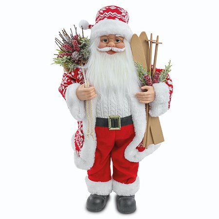 PAPAI NOEL COM SACO DE PRESENTES E SKI COM GORRO 60CM