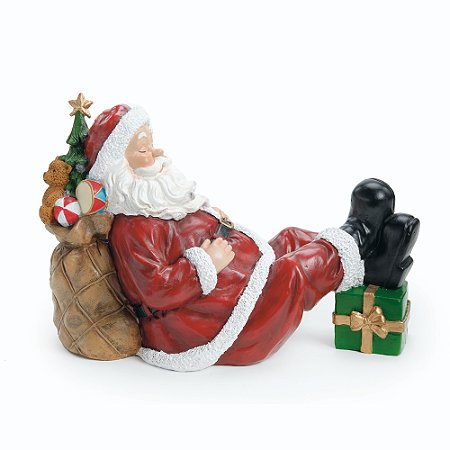 ESCULTURA NOEL DEITADO NO SACO DE PRESENTES EM RESINA 23CM