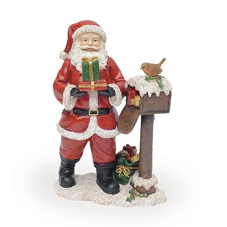 ESCULTURA PAPAI NOEL COM CAIXA DE CORREIO EM RESINA 20CM