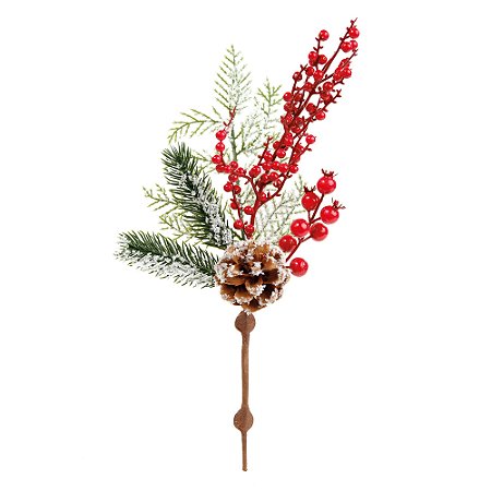 GALHO DECOR NATALINO MEDIO NEVADO COM PINHA E BERRIES  35CM