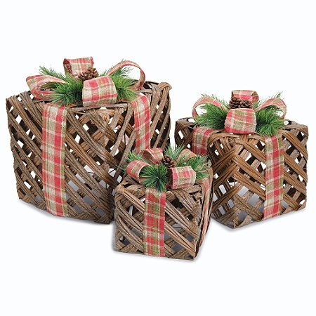 JG 3 CAIXAS DE PRESENTES COM LACO XADREZ MARROM E VERM 28CM