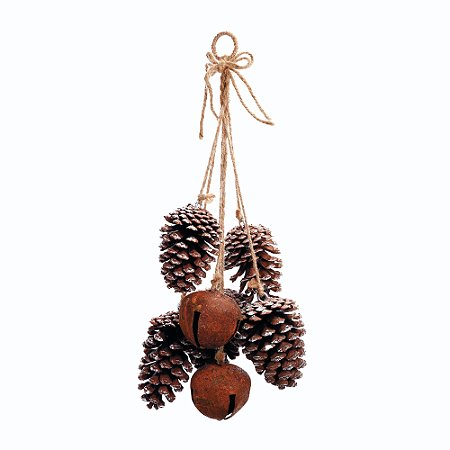ENFEITE PENDULO NATALINO COM PINHA E SINO RUSTICO 47CM